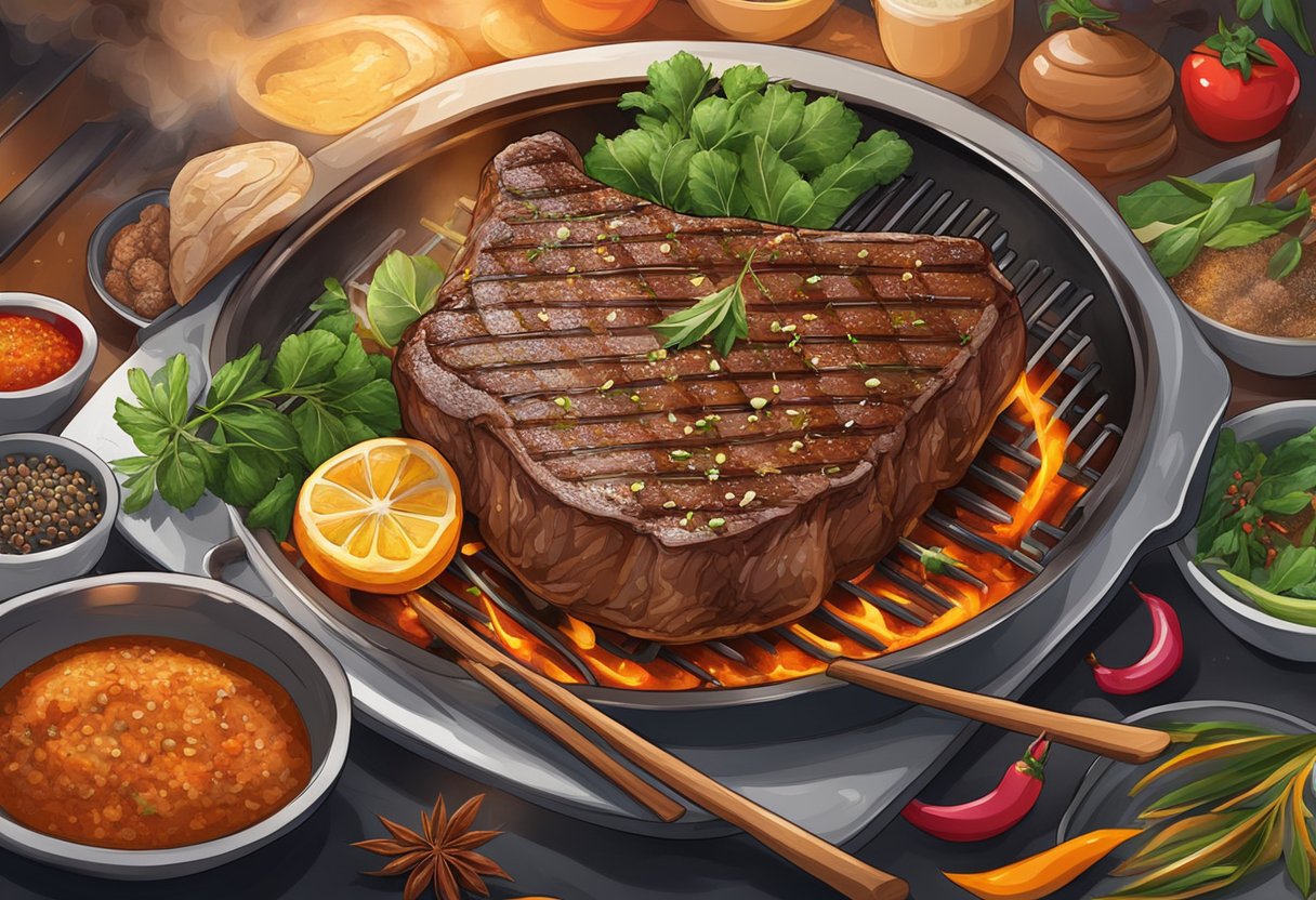 A sizzling steak on a hot grill, surrounded by vibrant spices and herbs, with a backdrop of a bustling Singaporean restaurant