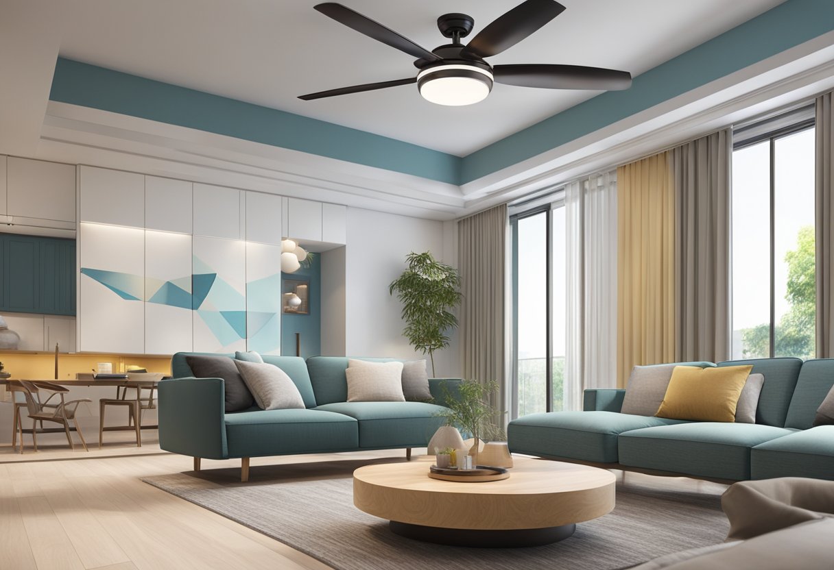 A ceiling fan with integrated light fixture hangs from the center of a modern living room, spinning slowly above a comfortable seating area