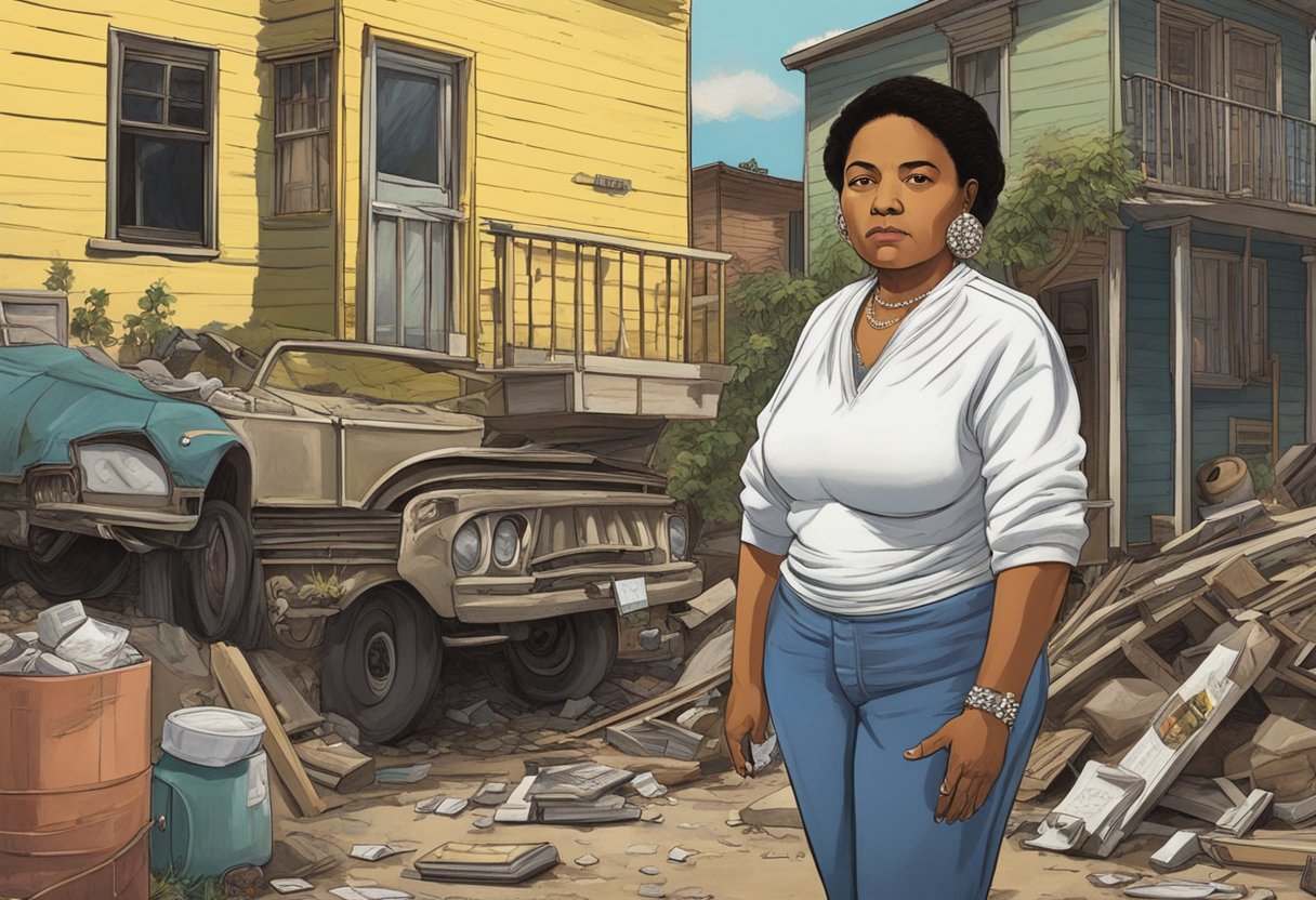 Griselda Blanco's early life in poverty, leading to her entry into a life of crime, depicted through a dilapidated neighborhood and a young girl surrounded by criminal influences