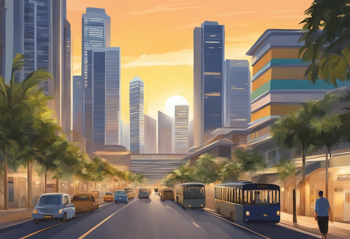 The sun sets behind the Singapore skyline as the call to prayer echoes through the city, signaling the start of Maghrib. The streets are quiet as people make their way to the nearest mosque to perform their evening prayers