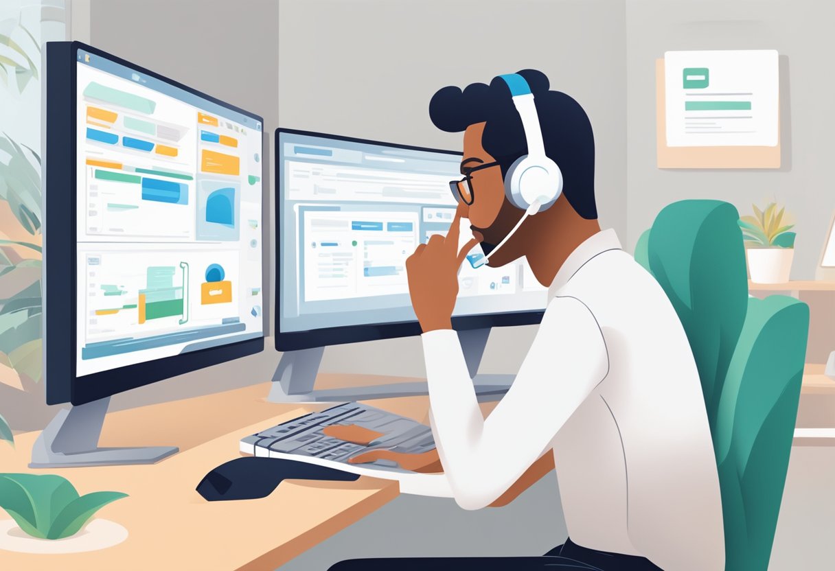 A person speaking on the phone while looking at a computer screen, with various account and service details displayed
