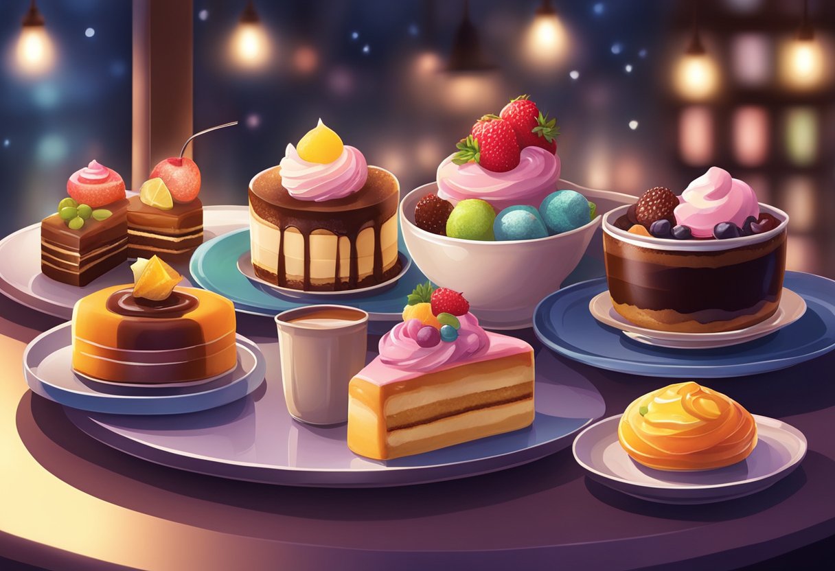 A table with a variety of colorful and decadent desserts, illuminated by the soft glow of dim lighting in a cozy Singaporean cafe