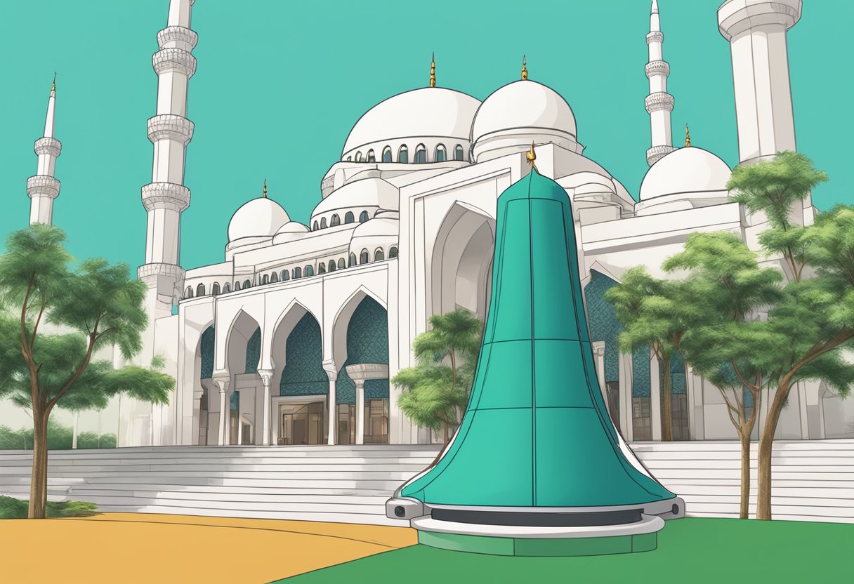 A mosque with a loudspeaker broadcasting the azan against a backdrop of modern technology in Singapore