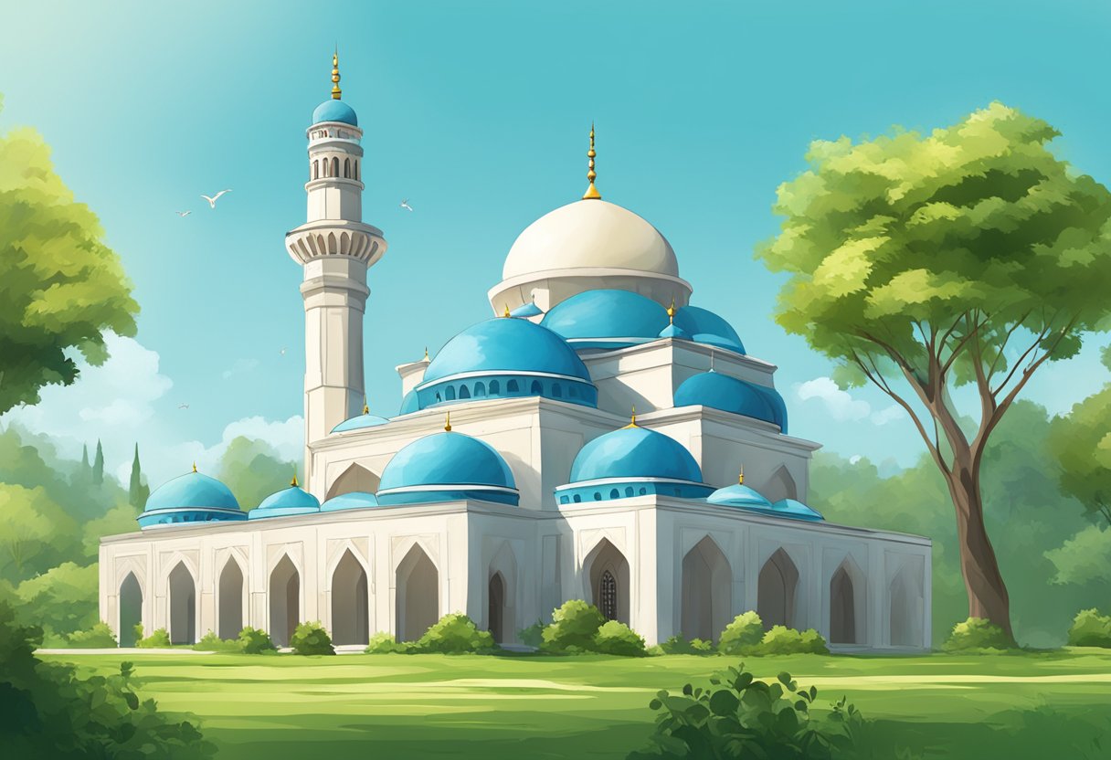 A mosque with a prominent minaret, surrounded by lush greenery, with a clear blue sky in the background