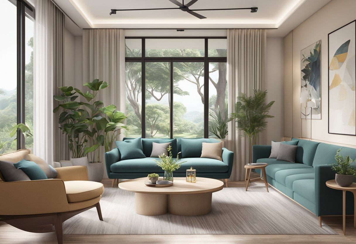 A cozy living room with a modern, affordable sofa in Singapore, surrounded by stylish decor and ample natural light