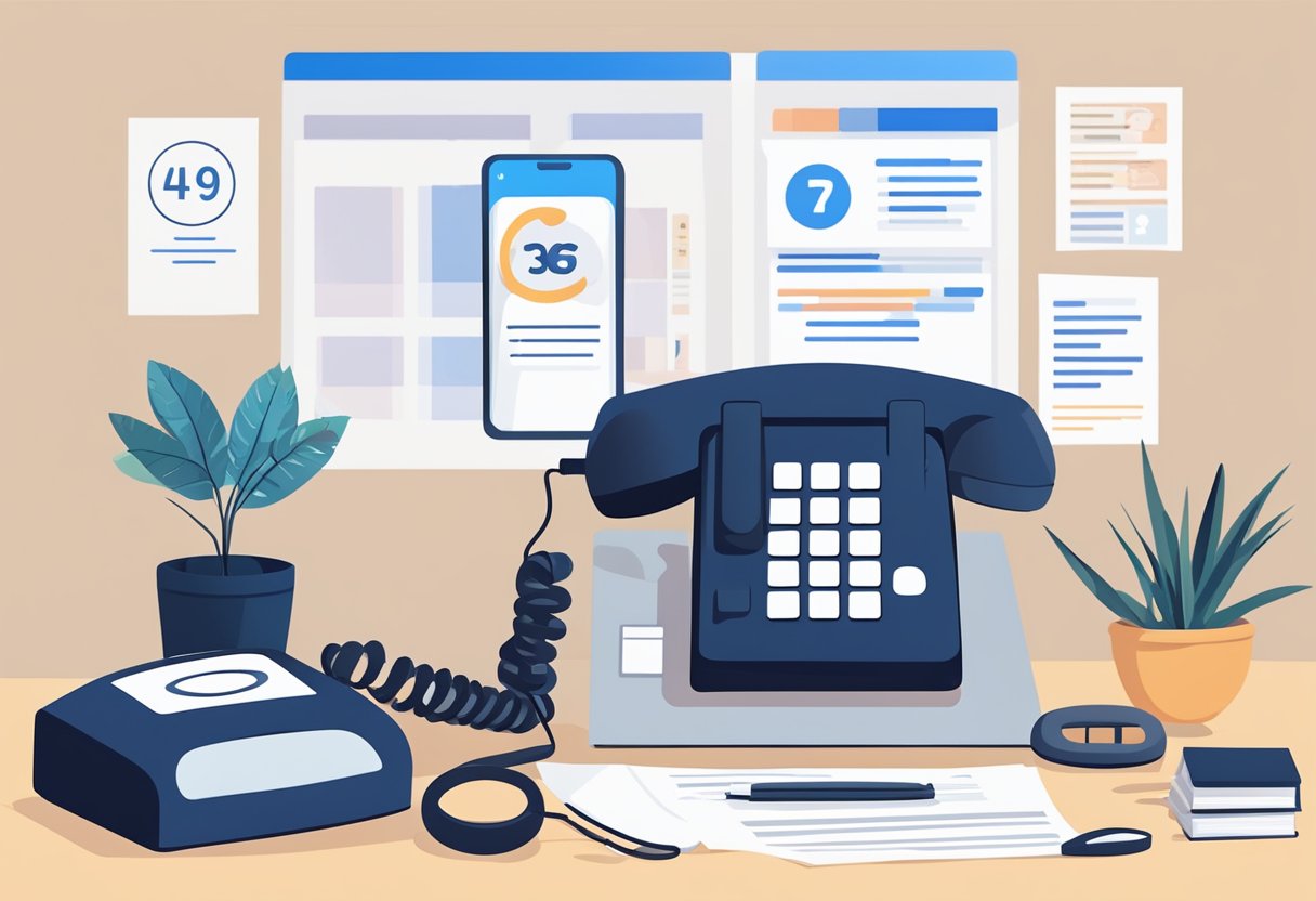 A phone with the UOB hotline number displayed, surrounded by FAQ sheets and a customer service representative's desk