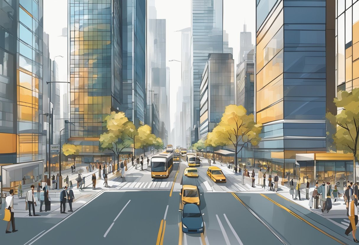 Busy city street with skyscrapers and bustling traffic. People in business attire hurry along the sidewalks. The skyline is filled with modern architecture