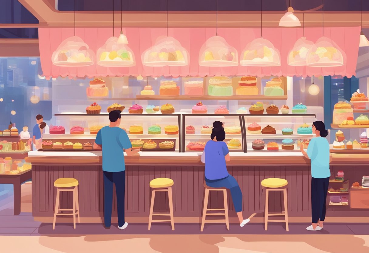 Customers enjoying colorful desserts in a bustling Singapore dessert shop. Bright lights illuminate the sweet treats and cozy atmosphere
