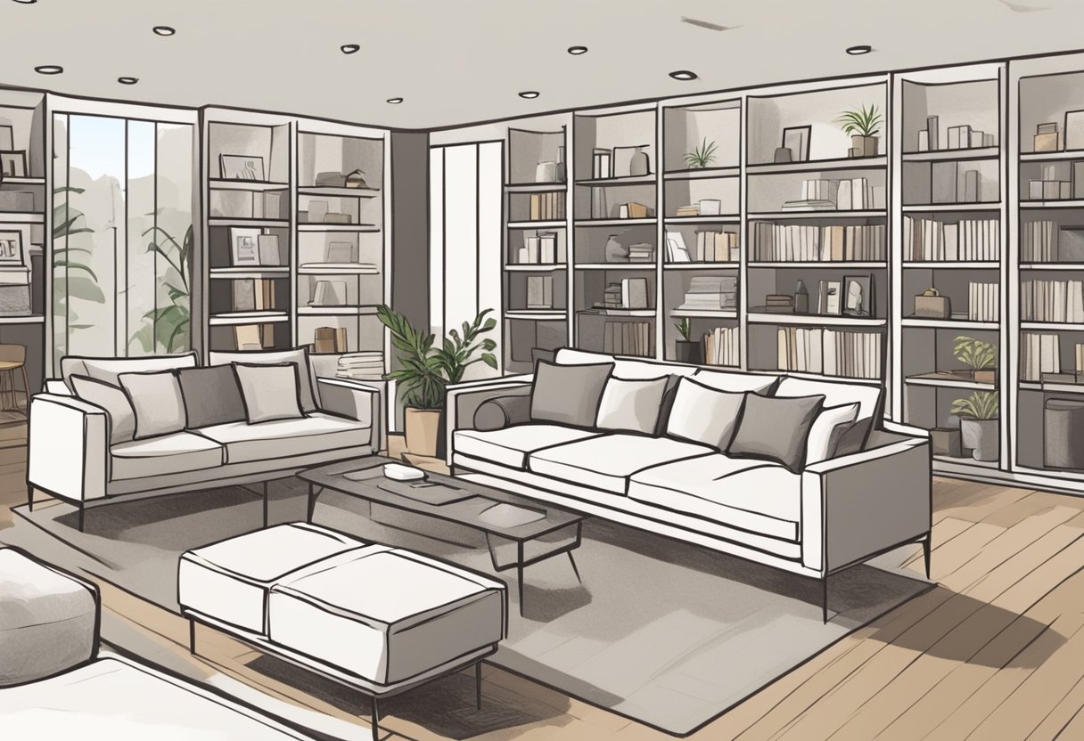 A customer browses through various sofas in a furniture store in Singapore, comparing prices and styles to find the perfect affordable option