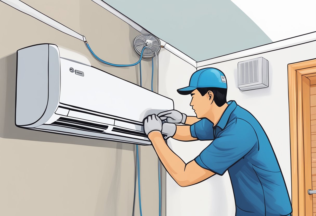A technician installs an air con unit in a Singaporean home, connecting wires and securing the unit to the wall