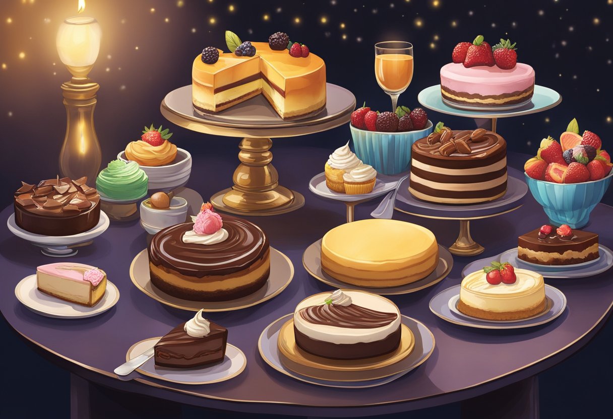 A table adorned with an array of delectable desserts, from creamy cheesecakes to decadent chocolate tarts, illuminated by soft ambient lighting in a cozy late-night dessert spot in Singapore