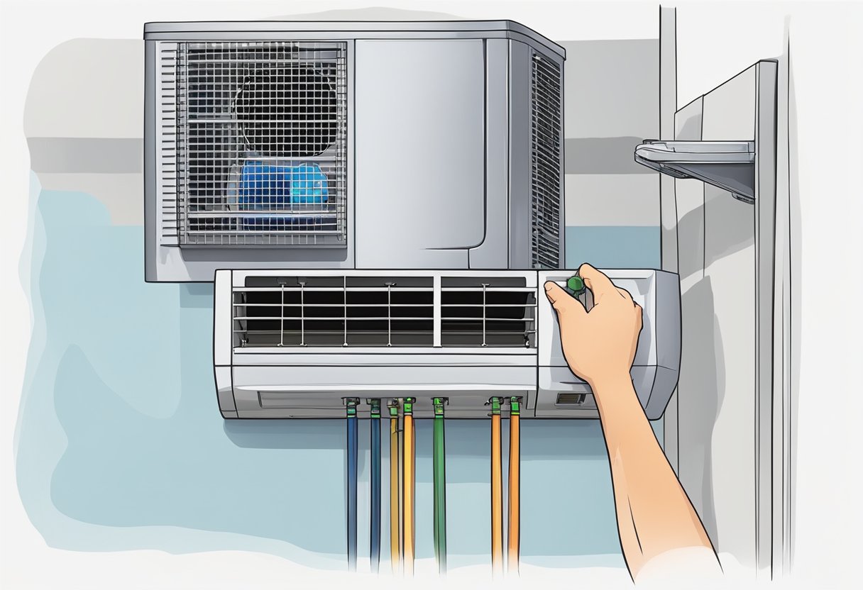 A technician mounts an air conditioning unit onto a wall bracket, connecting the electrical wiring and securing the unit in place