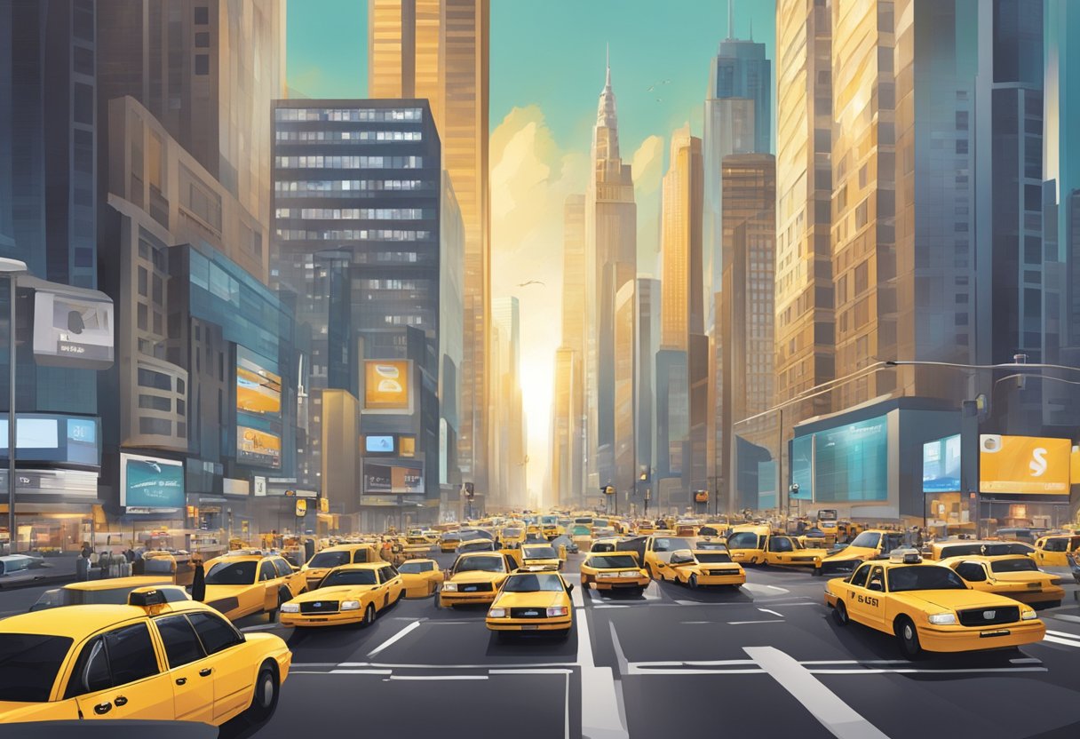 A bustling cityscape with skyscrapers, financial district signage, and a busy street filled with taxis and commuters