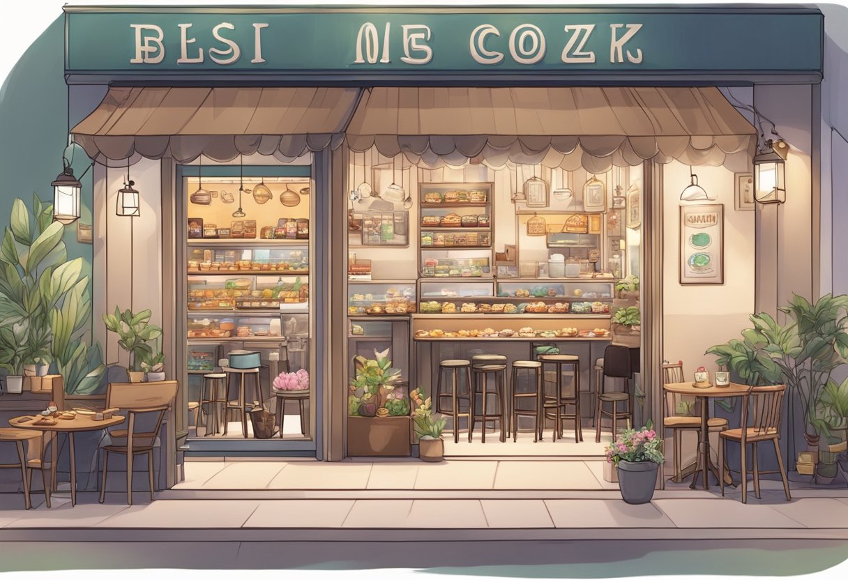 A cozy dessert cafe in Singapore, bustling with late-night customers. Menu boards and a display case of delectable treats draw in patrons with a sweet tooth