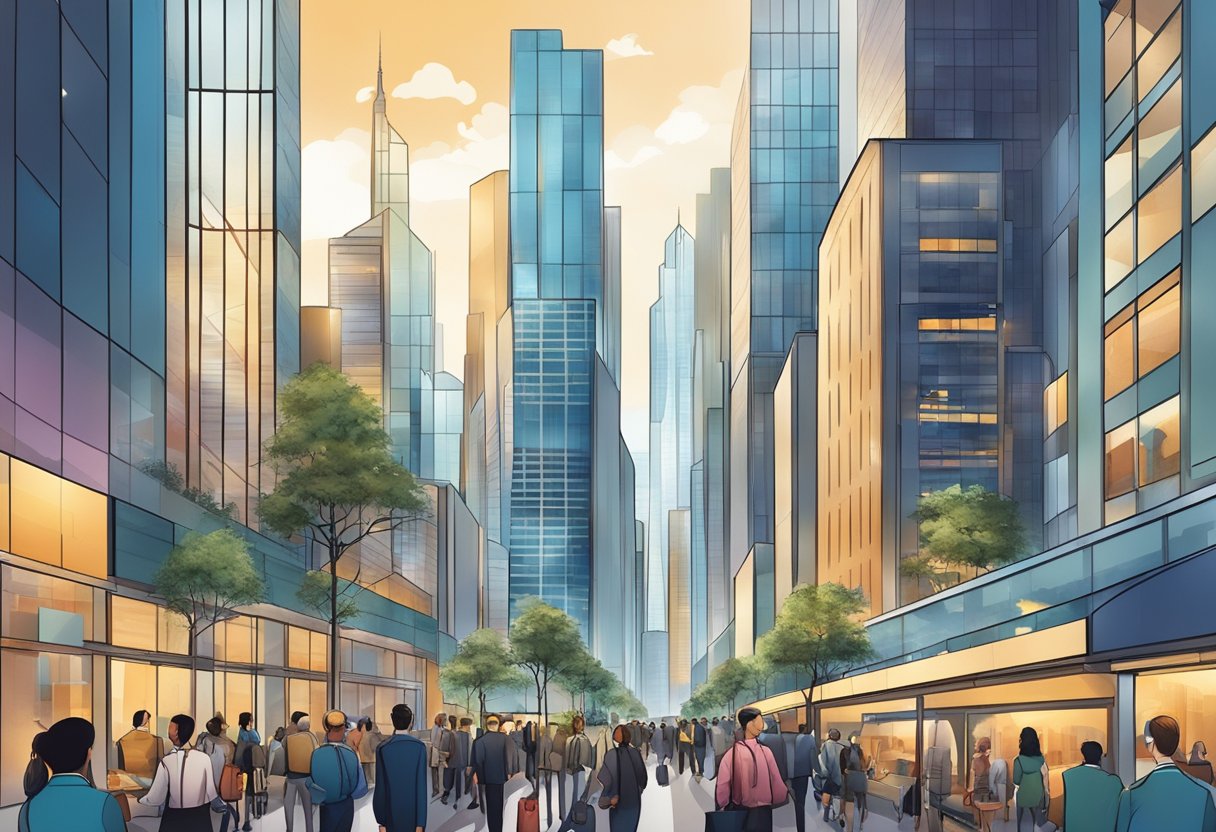 A bustling cityscape with skyscrapers and modern architecture, filled with the hustle and bustle of business professionals and cutting-edge technology