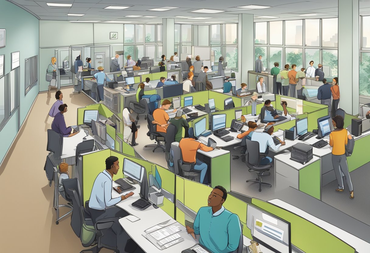 A bustling office with people at desks, phones ringing, and customers waiting in line at a help desk. The sign "Frequently Asked Questions" is prominently displayed