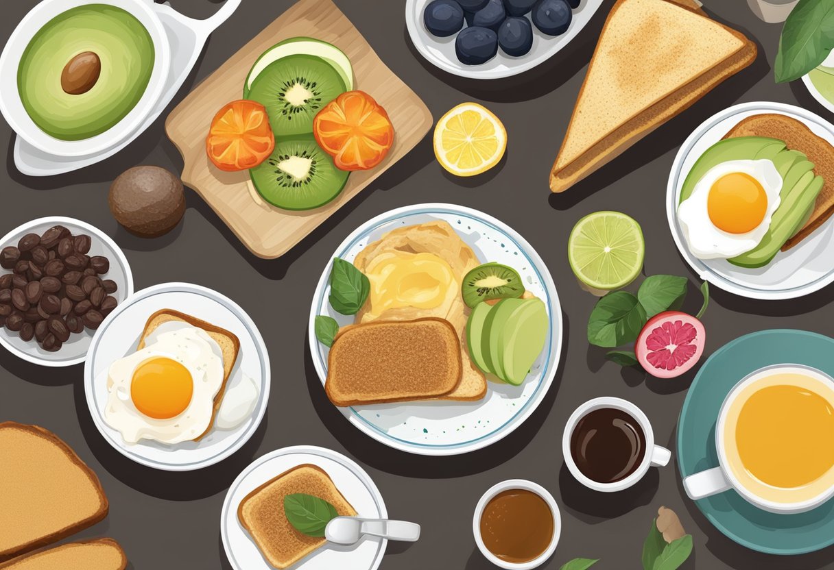 A table set with a variety of breakfast items, from traditional kaya toast to modern avocado toast, with a steaming cup of kopi and a colorful spread of local fruits