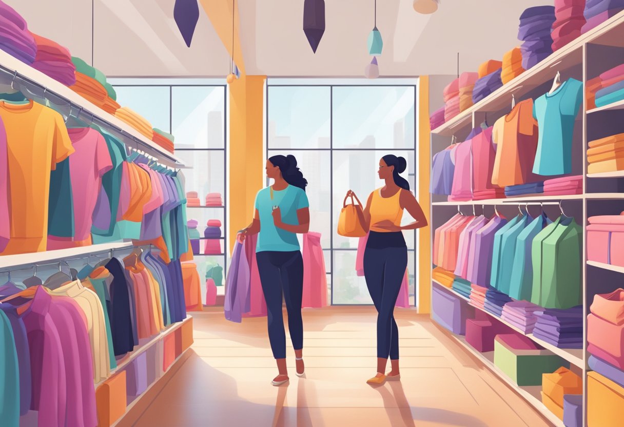People browsing through racks of colorful yoga apparel and accessories in a bright, modern store with natural lighting