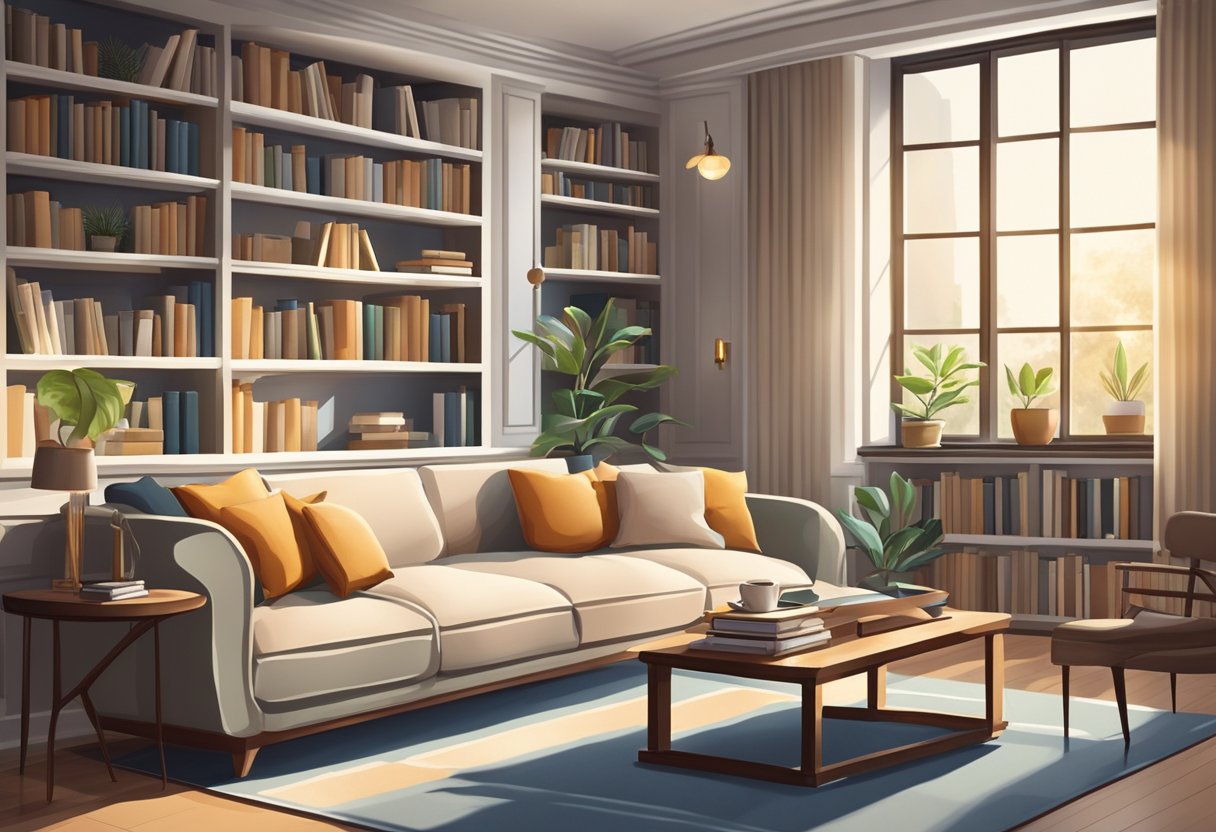 A cozy living room with a modern sofa, surrounded by shelves of books and a large window letting in natural light
