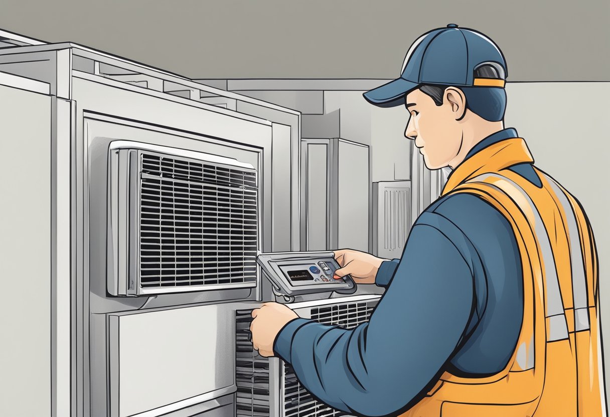 A technician checks air conditioning unit after installation, ensuring proper functioning