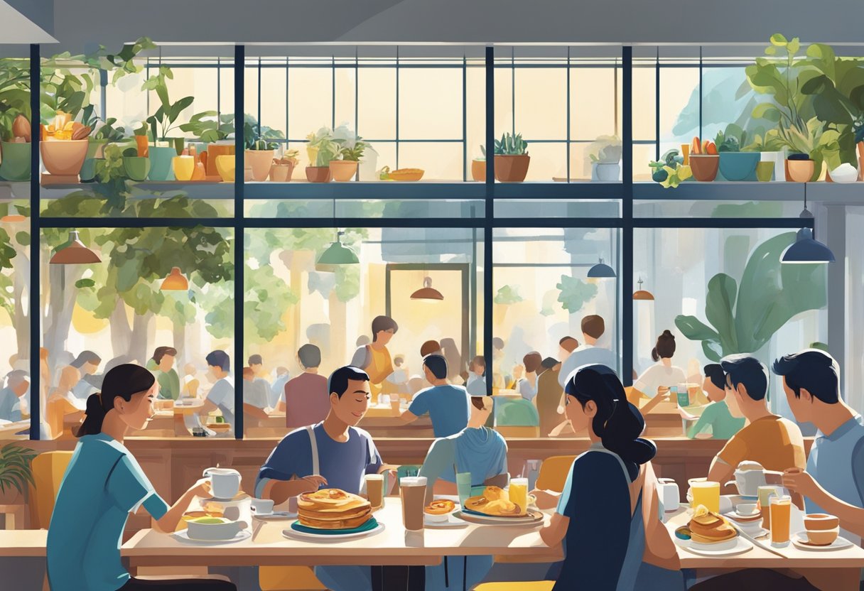 People enjoying all-day breakfast at various cafes in Singapore. Sunlight streams through large windows, casting a warm glow on the bustling scenes. Tables are filled with colorful plates of eggs, pancakes, and coffee