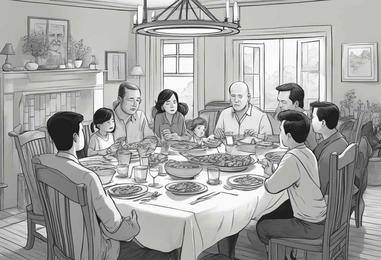 A family gathers around a dinner table, expressing a range of emotions. A missing chair suggests the absence of Bruce Willis