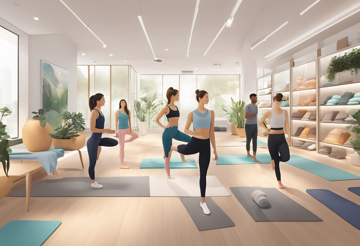 Customers browse yoga apparel, while staff provide attentive support at Alo Yoga Singapore. Bright, modern decor enhances the serene shopping experience