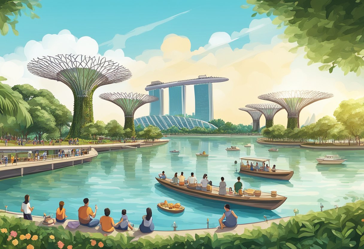 People enjoying a picnic at Gardens by the Bay, with the iconic Supertree Grove in the background. Boats sailing along the Marina Bay, with the city skyline in the distance