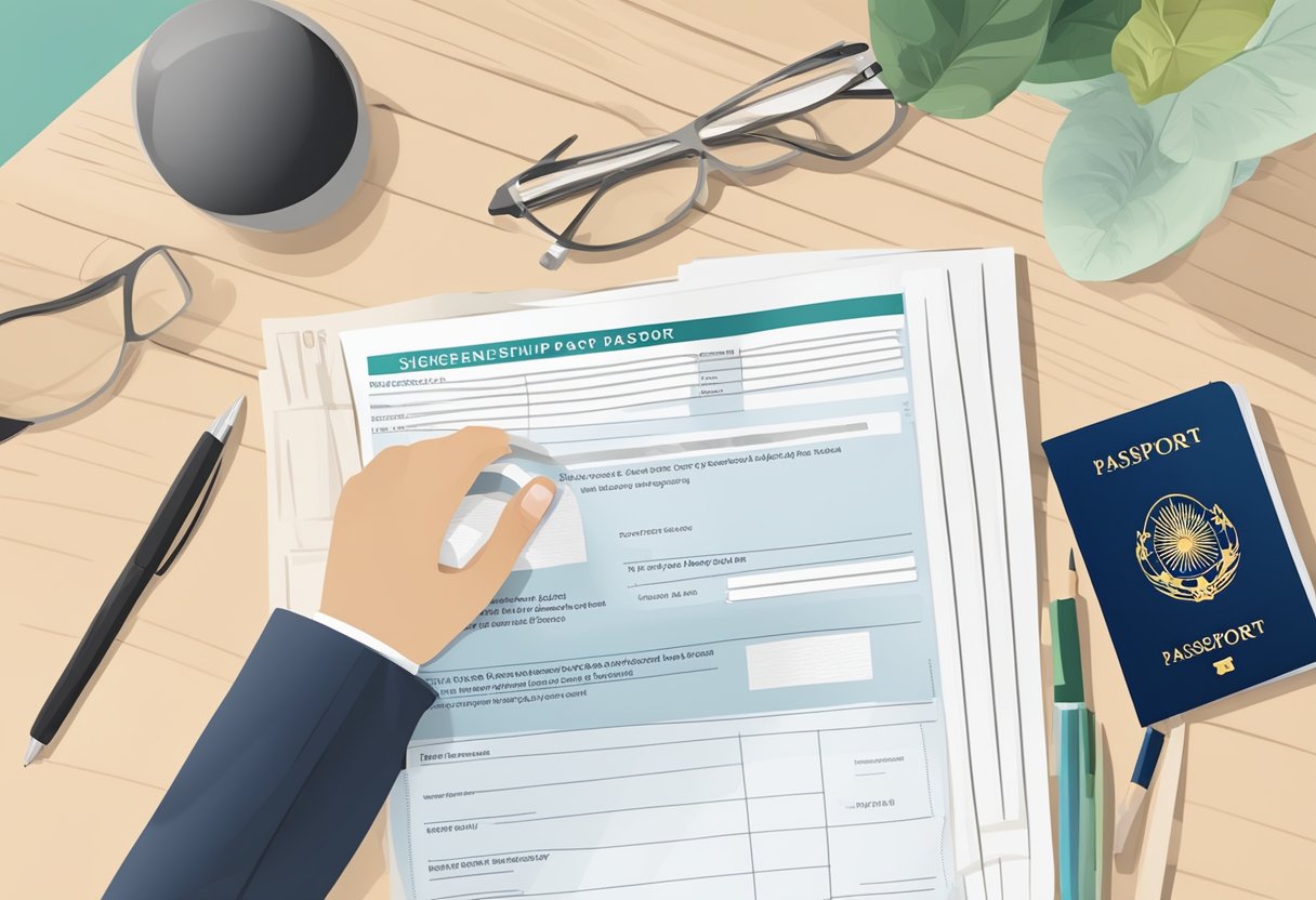 A hand holding a Singaporean passport, with a completed application form and a citizenship certificate on a desk
