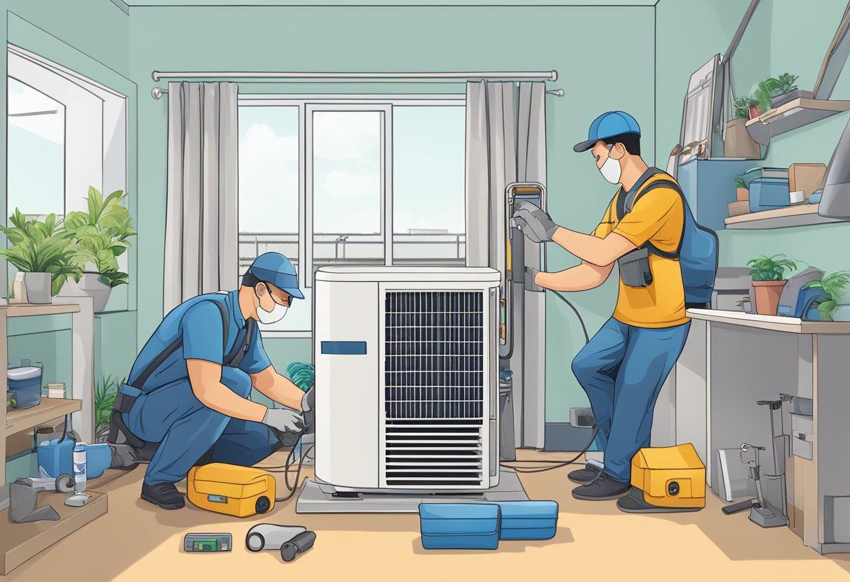 A technician installs an air conditioning unit in a Singaporean home, surrounded by tools and equipment
