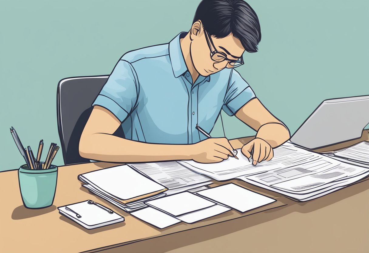A Singaporean citizen filling out an application form with required documents