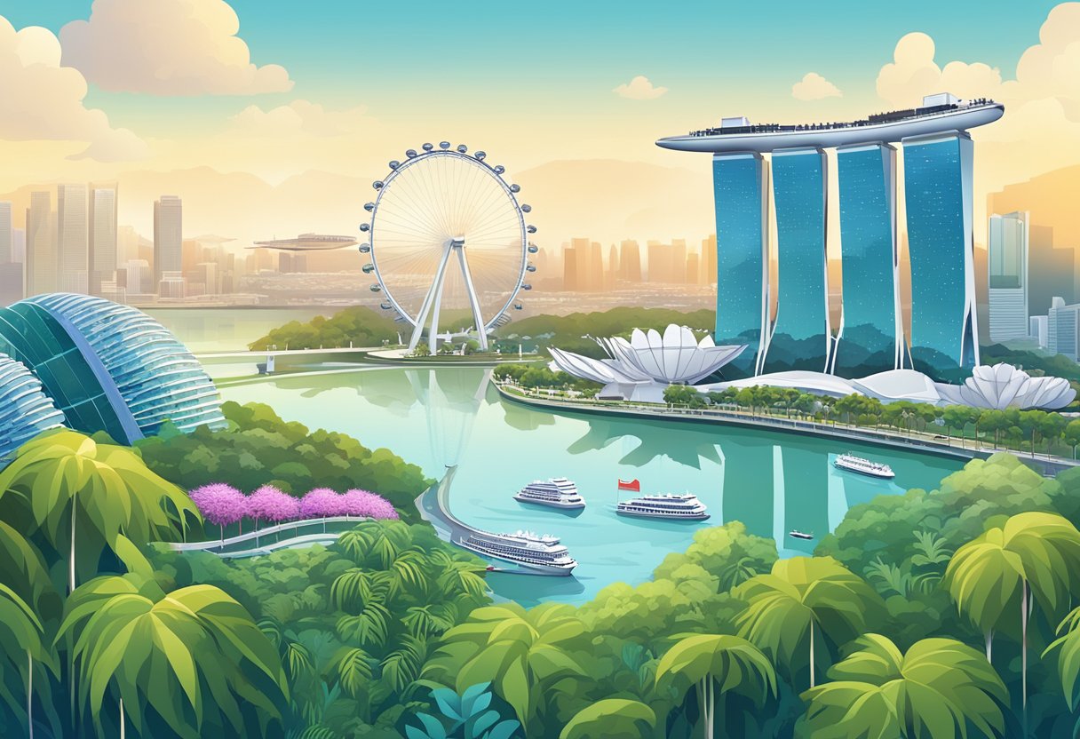 A bustling cityscape with the iconic Marina Bay Sands, Gardens by the Bay, and the Singapore Flyer towering over the vibrant streets below