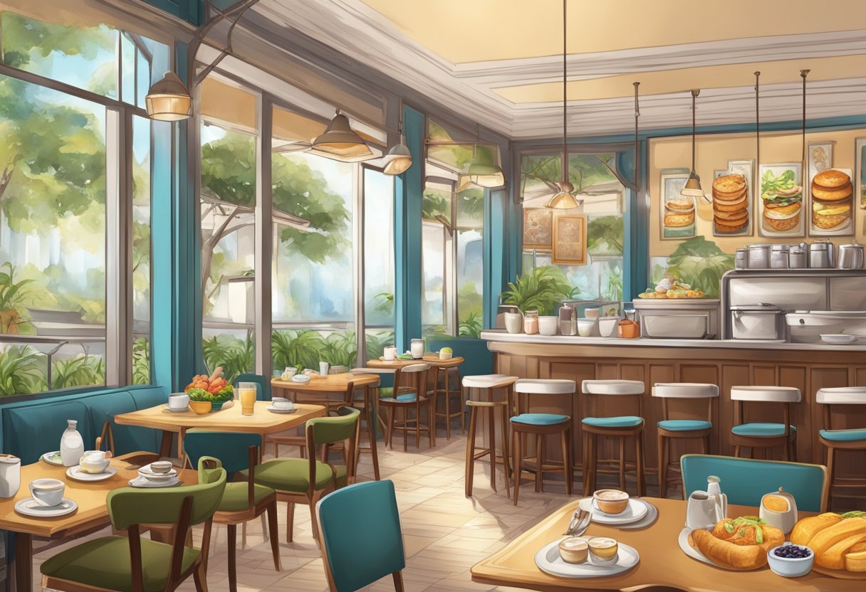 A cozy cafe with a variety of breakfast dishes on the menu, from classic favorites to creative twists, served all day in a bustling Singapore setting