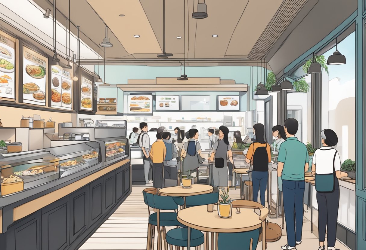 Customers lining up for all-day breakfast at a bustling Singapore cafe. Menu boards and a counter with a cashier are visible