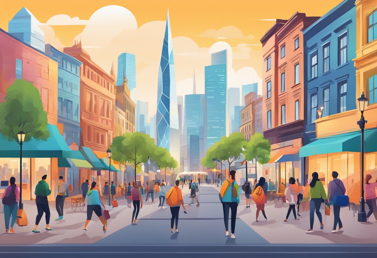 People enjoying outdoor activities in a vibrant cityscape with iconic landmarks in the background