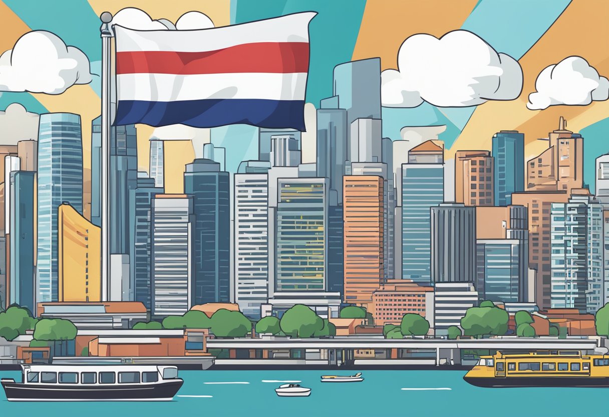 A Singaporean flag flies over a bustling cityscape, with a sign reading "Frequently Asked Questions" in bold letters