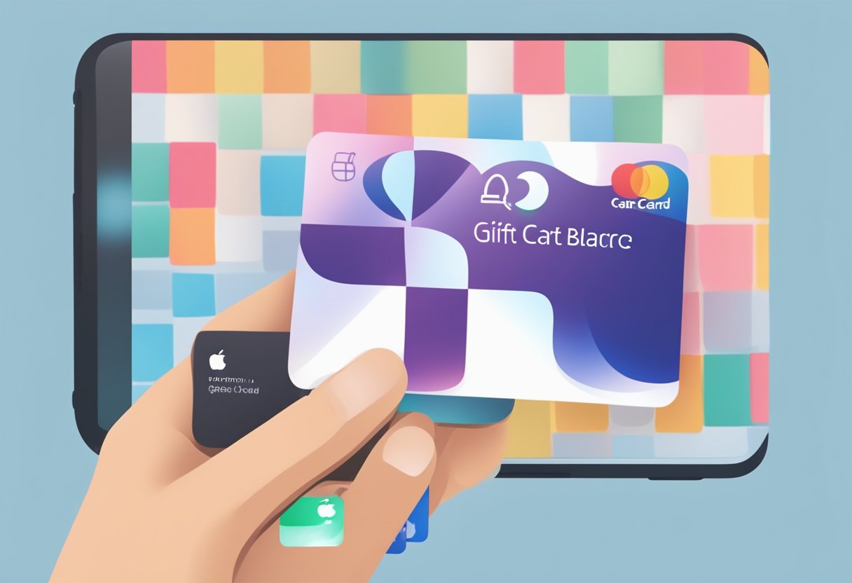 A hand holding an Apple gift card, with a smartphone displaying the Apple gift card balance. Customer support contact information in the background