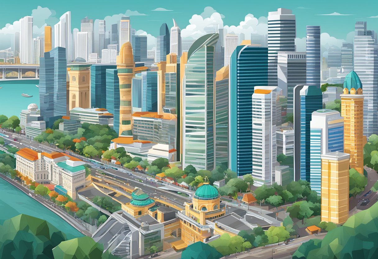 A bustling Singapore cityscape with iconic landmarks and vibrant street scenes