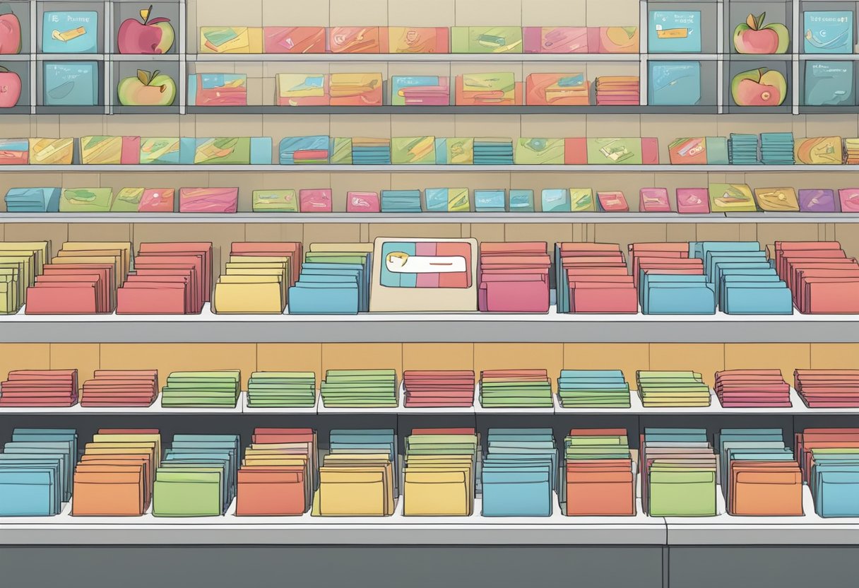 A stack of Apple gift cards arranged neatly on a counter, with a sign indicating "Frequently Asked Questions" in a store in Singapore