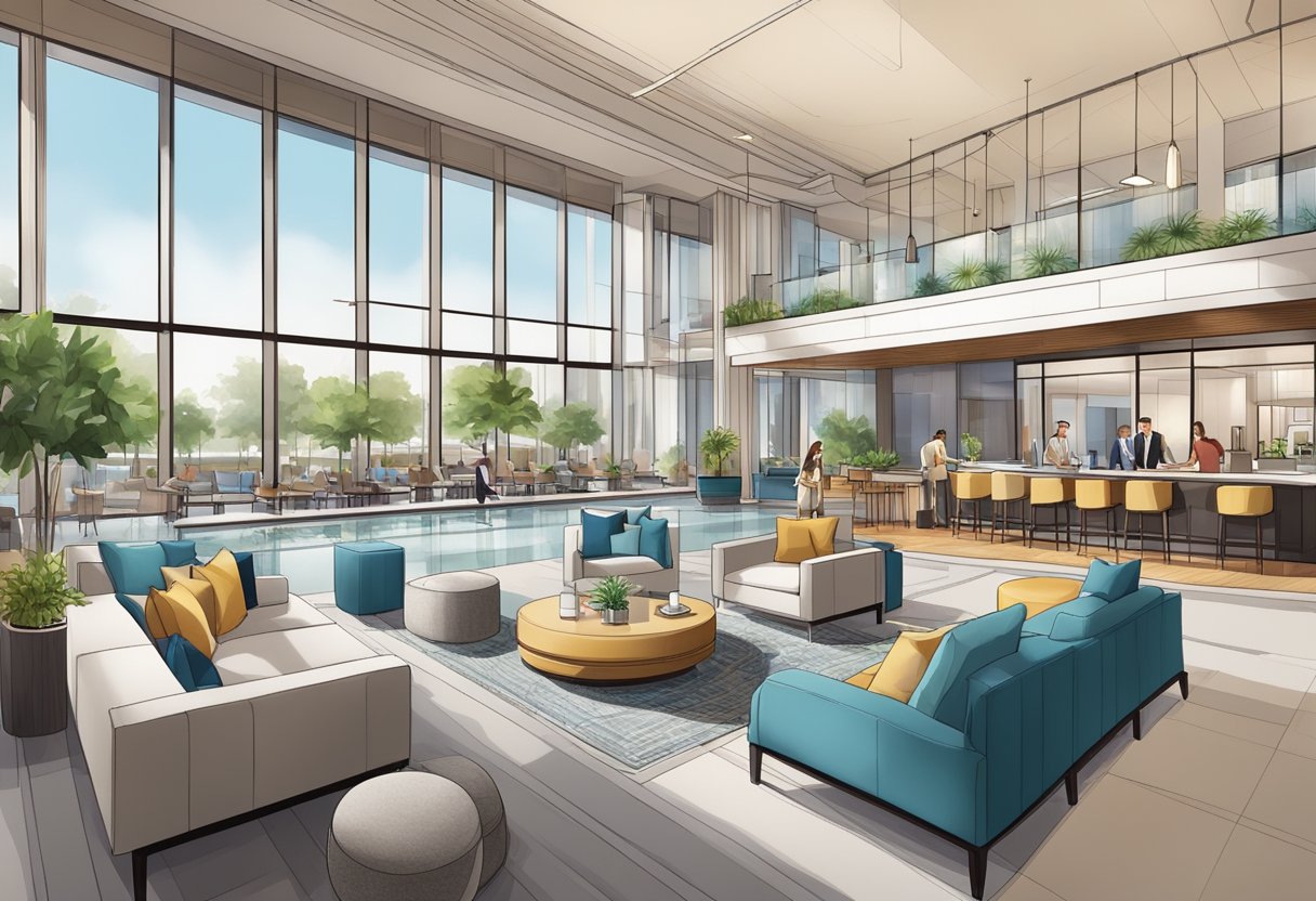 The hotel lobby buzzes with guests enjoying the modern facilities, including a rooftop pool, fitness center, and stylish dining options