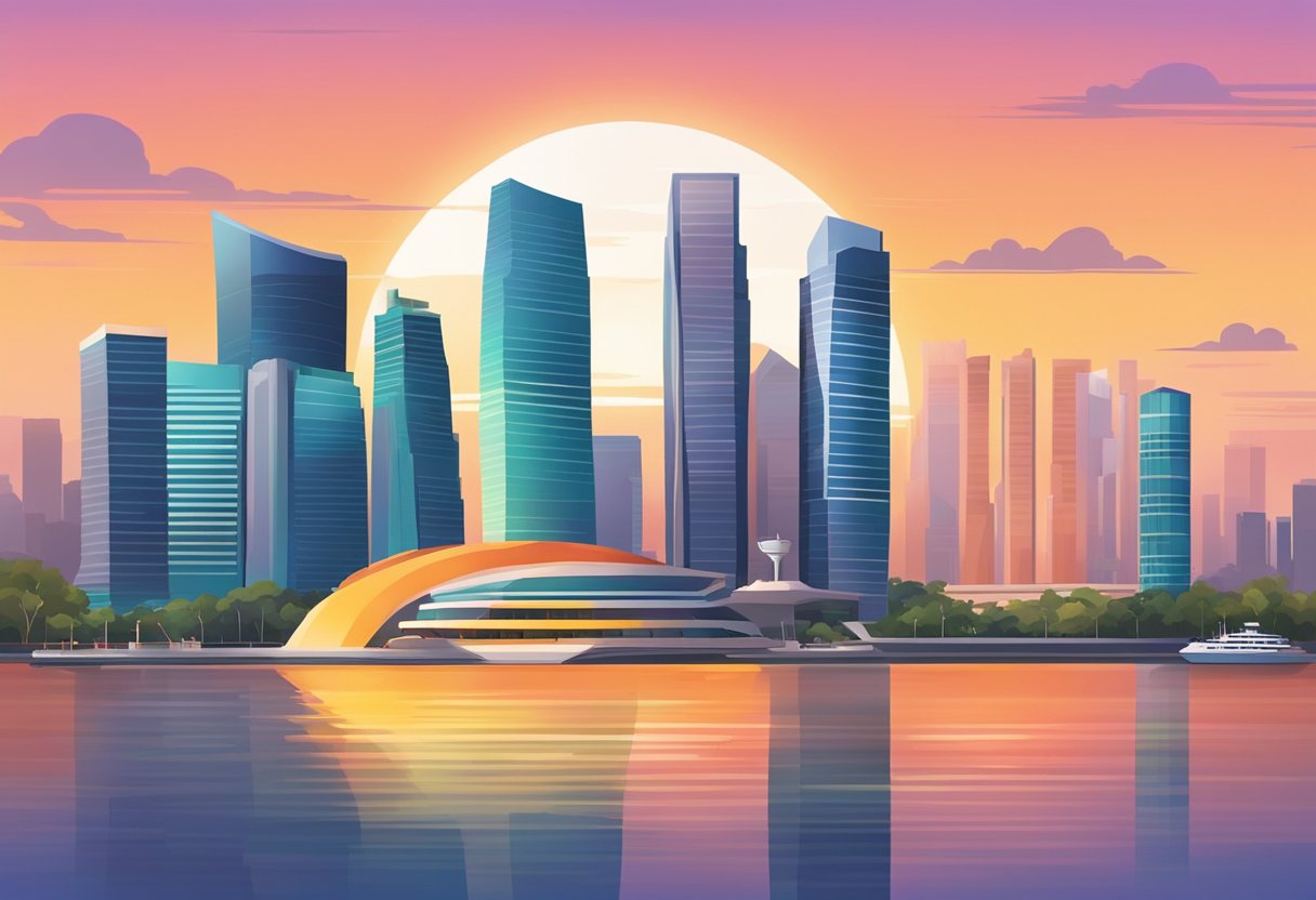 The iconic skyline of Singapore, featuring the distinct architecture of the Artemis building, is set against a vibrant sunset sky