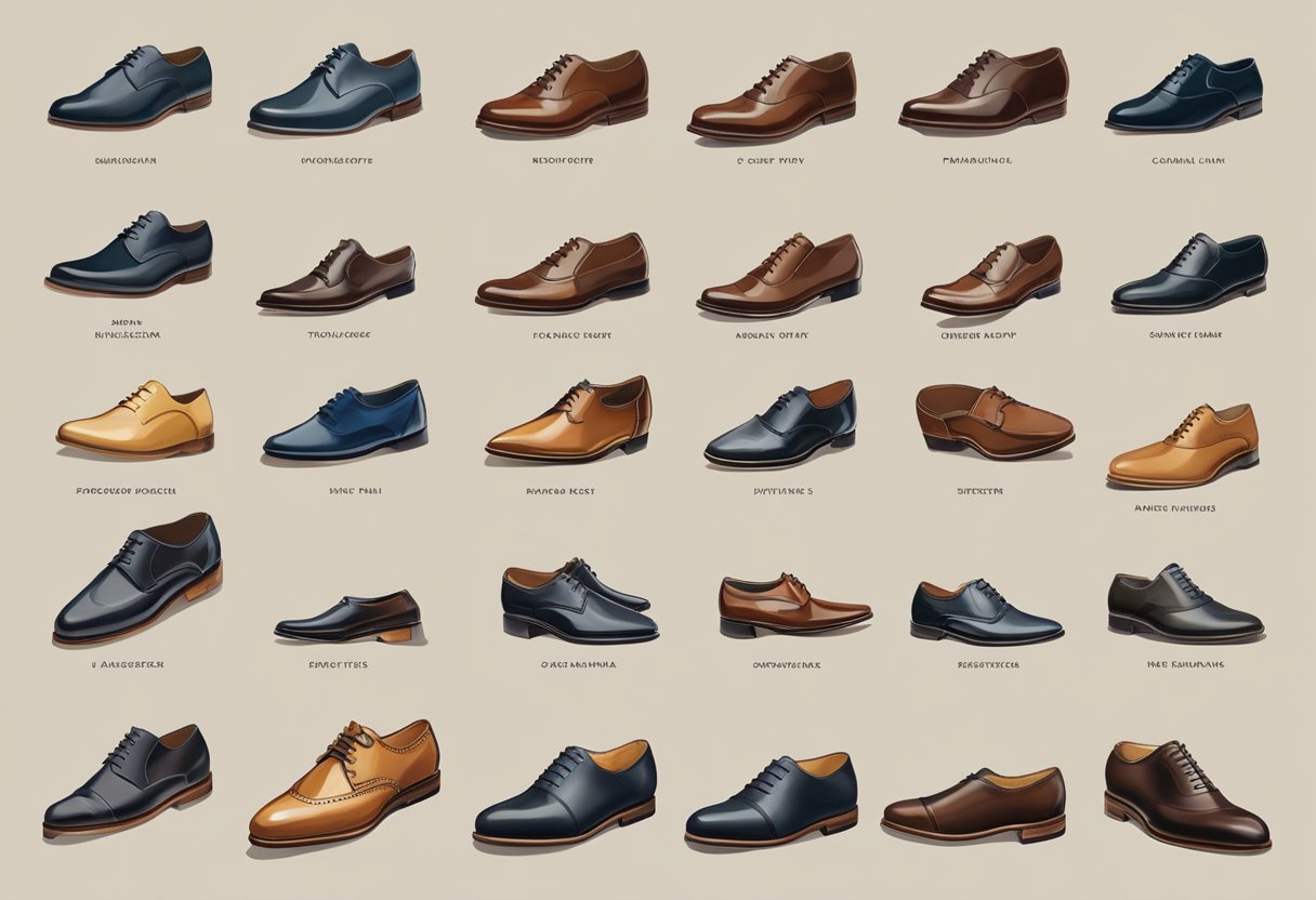 A timeline of formal shoe styles, from classic oxfords to modern loafers, displayed on a sleek, minimalist backdrop