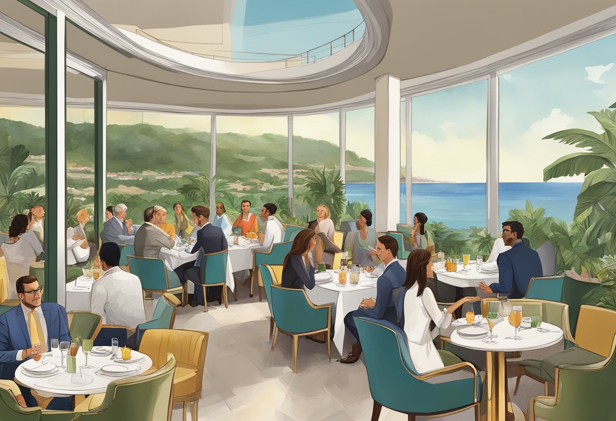 Guests enjoying panoramic views from Artemis Grill, with modern decor and lush greenery, savoring Mediterranean cuisine and cocktails