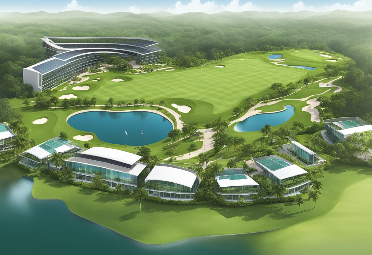 An aerial view of the LIV Golf Singapore venue, showcasing the lush green golf course, modern facilities, and surrounding landscape