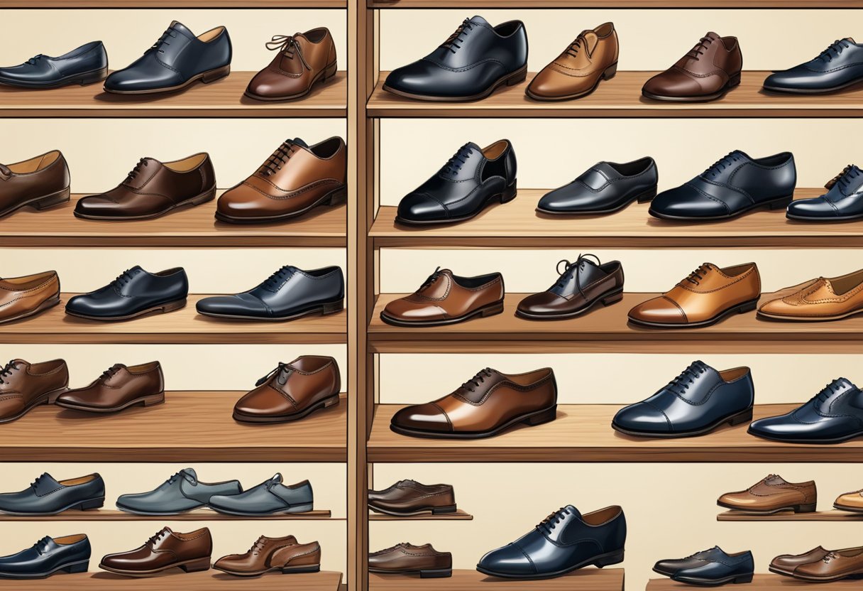 A display of classic formal shoe styles, including oxfords, brogues, and loafers, arranged neatly on a polished wooden shelf