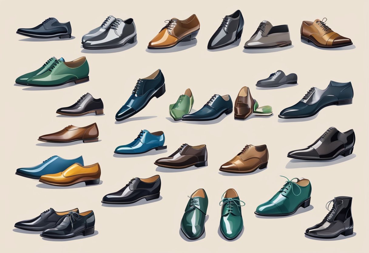 A collection of formal shoe styles arranged in a modern display, showcasing the latest trends and designs in the footwear industry