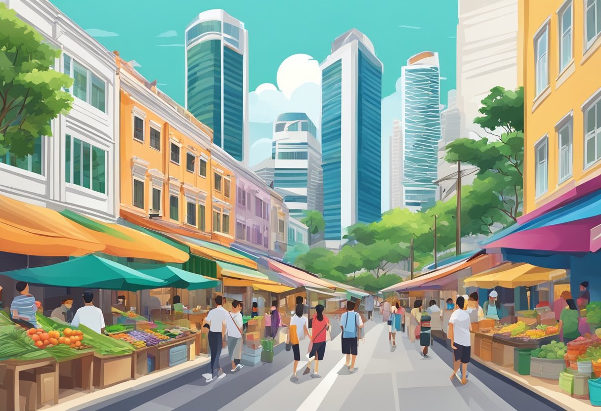 The bustling streets of AsiaPac Singapore, with colorful buildings and vibrant street markets, surrounded by modern skyscrapers and lush greenery