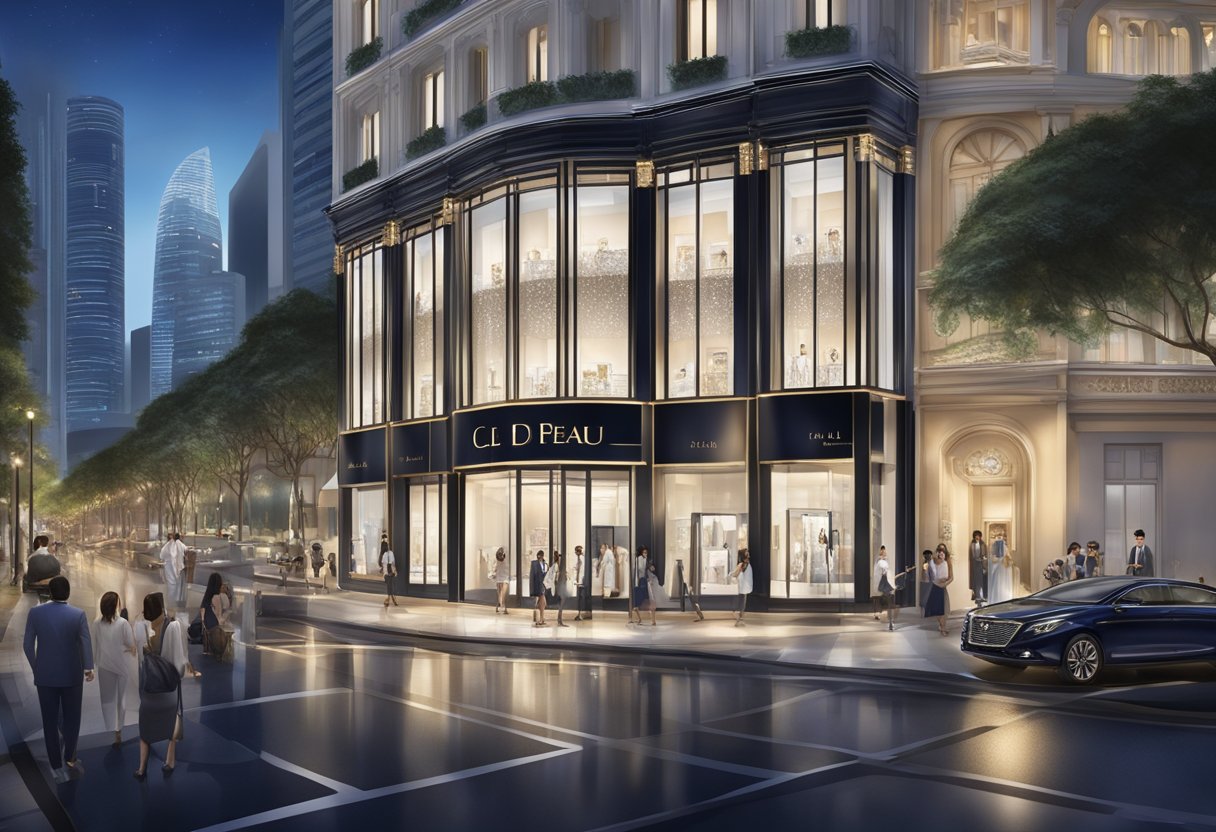 The iconic Cle de Peau storefront in Singapore, with its elegant and modern design, surrounded by bustling city streets and vibrant lights