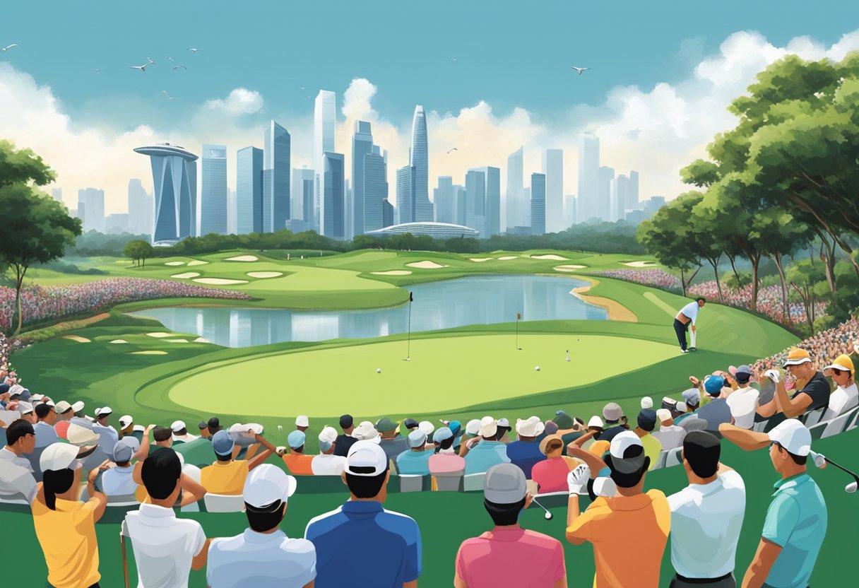 Golfers teeing off at the prestigious LIV Golf Invitational in Singapore, with spectators lining the fairways and the iconic city skyline in the background