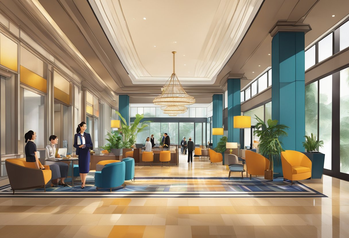 The lobby of Hotel Indigo Singapore bustles with guests seeking information from the concierge and staff. The modern decor and vibrant colors create a welcoming atmosphere